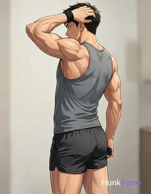 Polished anime style rendering of an adult muscular man standing in profile, left arm raised behind