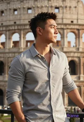 Asian man with short dark brown undercut hair and clean-shaven face, standing in
