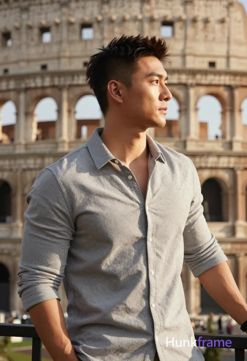 Asian man with short dark brown undercut hair and clean-shaven face, standing in 3/4 profile facing right against blurred Colosseum architecture; He wears a light grey textured button-up shirt with collar open revealing upper chest; left hand resting on black metal railing behind him; Broad shoulders, defined pectorals, toned arms visible from shoulder to wrist; Warm golden-hour sunlight casts soft shadows on his face and skin; Shallow depth of field emphasizes sculpted masculine silhouette in Xiaohongshu lifestyle style; single clean uninterrupted photograph with a cohesive editorial composition and plain continuous surrounding surfaces