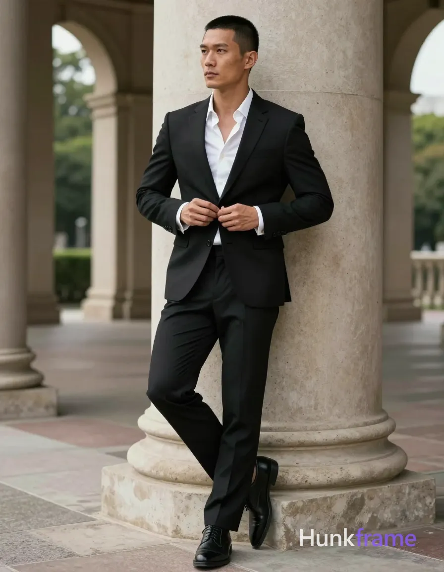 Asian man with short black buzz cut and clean-shaven face, neutral serious expression gazing off-camera left; Standing leaning against a stone column, right shoulder pressed in, weight on left leg while right foot rests on the base, knees slightly bent; Buttoning white button-down dress shirt under open collar without tie near mid-torso with both hands at chest level; Wearing black two-piece suit jacket and trousers, unobstructed face with both eyes, irises, eyebrows, temples, and nose bridge clearly visible visible, skin light-medium tone; Black leather oxford shoes, artistic partial nude neck exposed; Full-body shot center-left against large stone column background showing arched colonnade and greenery beyond; Soft natural daylight diffused by overcast sky or shaded environment, even illumination across face and body; Fine-art photography fashion editorial aesthetic sculpted posing premium styling broad shoulders defined pectorals tight waist rugged warm confidence bear energy, same aesthetic theme and photo feel as the reference but a different man in a different pose with distinct body proportions, Black man, deep brown; single clean uninterrupted photograph with a cohesive editorial composition and plain continuous surrounding surfaces