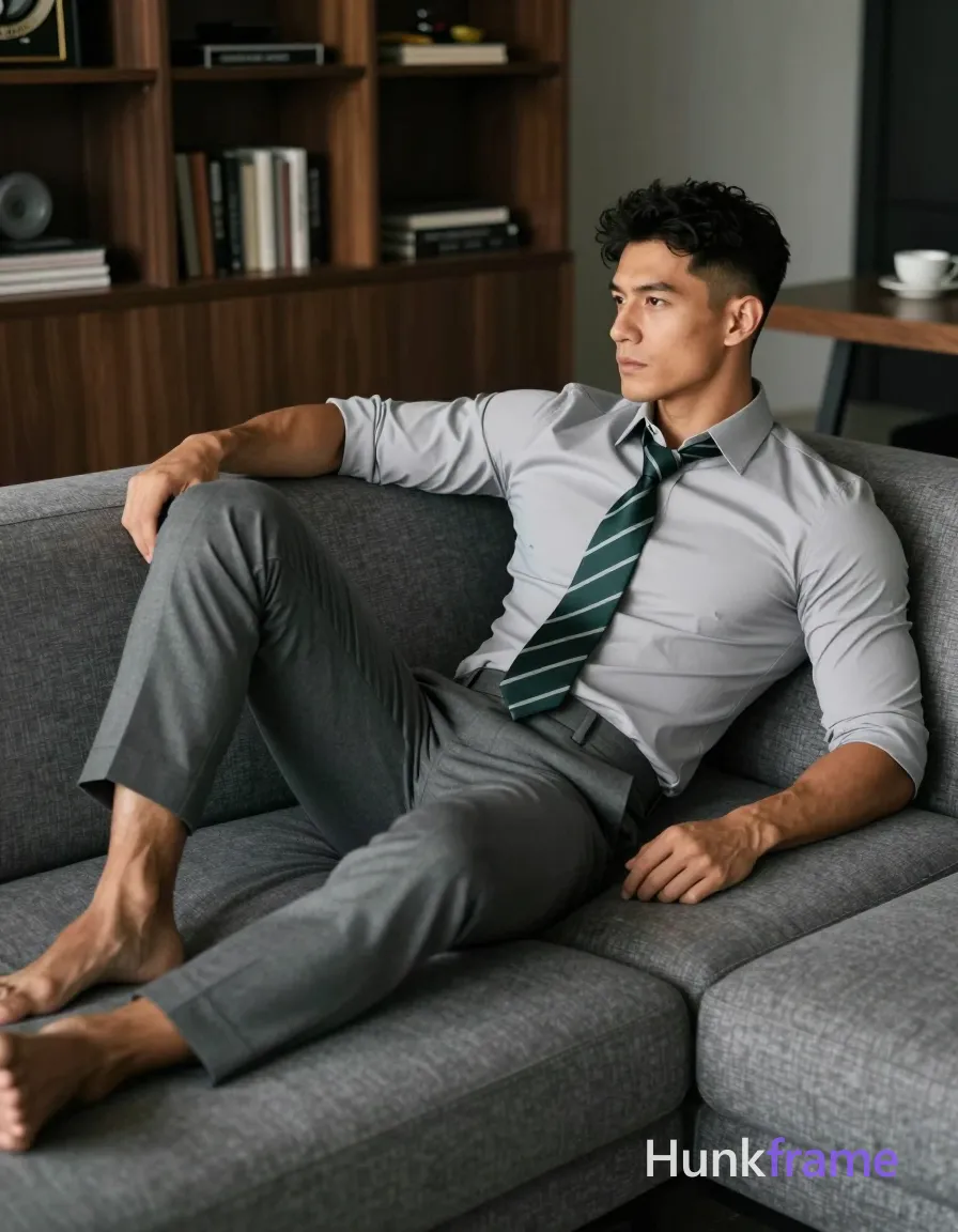 Asian man with short buzz cut and clean-shaven face reclining on a gray sectional sofa, torso angled right; He wears a tight-fitting light-gray long-sleeve dress shirt with sleeves rolled to mid-forearm, dark green-and-white diagonal-striped necktie knotted at collar, matching gray slim-fit trousers; Abdomen partially visible due to fit; groin area exposed from thigh-high leg position where legs are extended forward and crossed at ankles; Modern apartment interior with dark wood shelving displaying collectibles in background; Soft directional ambient light from left creates subtle shadows on right torso; Shallow depth-of-field focus, minimalist aesthetic, sophisticated mood, same aesthetic theme and photo feel as the reference but a different man in a different pose with distinct body proportions, Mexican man, bronze skin, strong jaw, thick wavy hair, soccer-player lean legs; single clean uninterrupted photograph with a cohesive editorial composition and plain continuous surrounding surfaces