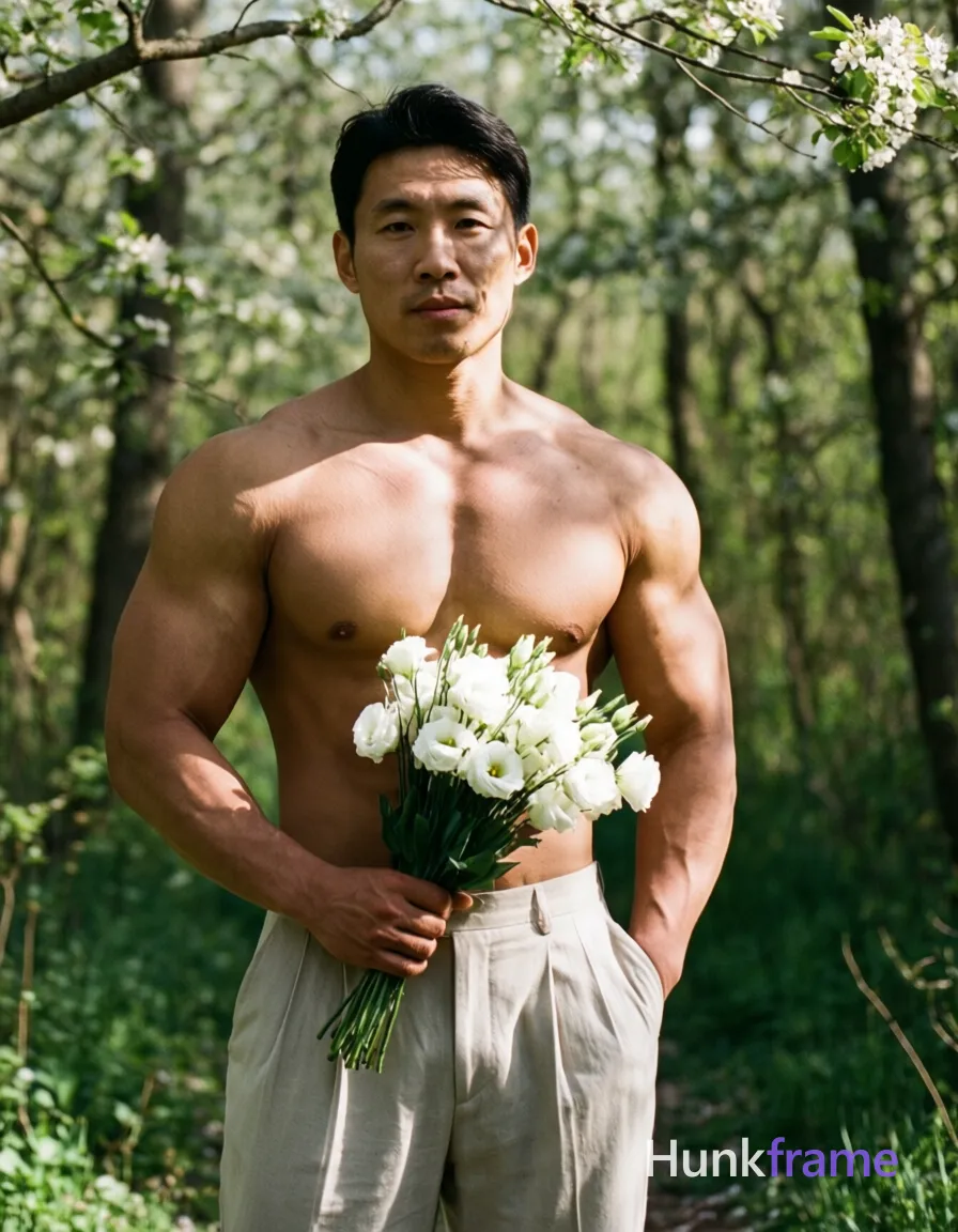Asian man with light-medium skin standing upright in an outdoor wooded area, torso facing forward holding a bouquet of white flowers against his lower abdomen. He is shirtless revealing broad shoulders and defined pectorals while wearing light beige pleated trousers with left hand in pocket. Natural dappled sunlight filters through flowering trees creating soft highlights on highly detailed musculature. Vertical portrait framing from head to mid-thigh, centered composition with fine-art photography aesthetic and bokeh background., a single uninterrupted photograph only, no written words or typography anywhere in frame, no captions, no app UI, no social-media post layout, no screenshot borders