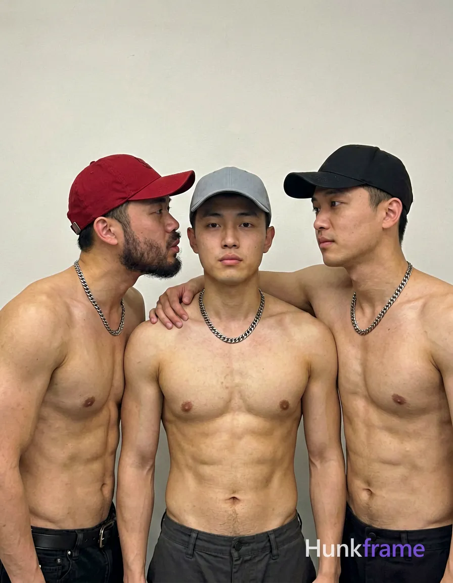 three shirtless men indoors, horizontal landscape orientation, 3:2 aspect ratio, plain light-colored background, each wearing a distinct baseball cap and chain necklace, left man with red cap featuring beard design leaning towards central figure whispering or sharing something private, hand on shoulder, rightmost man relaxed and affectionate with arm around central figure, even soft lighting highlighting muscular builds without harsh shadows, neutral tones in background allowing subjects' skin tone and clothing colors to stand out prominently, intimate and connected mood, masculine fine-art aesthetic