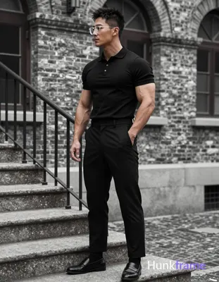 Adult man in profile facing left, standing on stone steps beside a railing with 