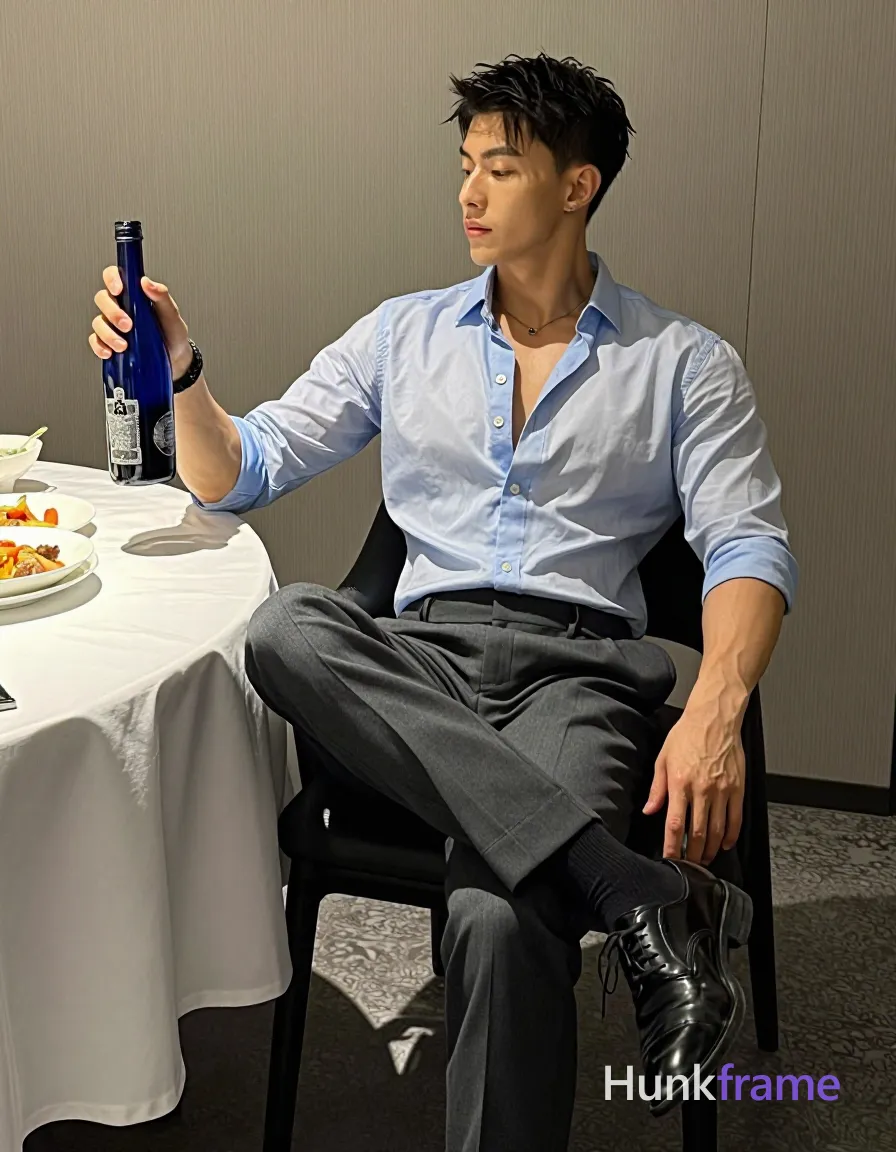 seated sideways on black chair with crossed legs left leg forward right leg back; Wearing light blue long-sleeve button-up shirt sleeves rolled to mid-forearm collar open fully covered torso dark gray tailored trousers black dress socks and black leather oxford shoes; Holding dark blue ornate bottle upright in right hand near chest level while left hand rests flat on white-clothed round dining table with food dishes visible left side; Indoor dining room setting soft directional lighting casting shadows fine-art photography aesthetic vertical portrait orientation 13:19 aspect ratio, shot on iPhone 15 Pro main camera, authentic smartphone computational photography, natural Smart HDR and true-to-life skin texture, vertical 9:16 Xiaohongshu lifestyle feed, bright clean everyday scene, unretouched phone photo with subtle sensor grain, trendy Chinese internet 网红 aesthetic, candid influencer energy; single clean uninterrupted photograph with a cohesive editorial composition and plain continuous surrounding surfaces