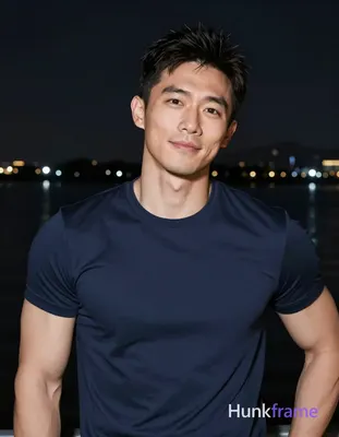 Asian man with athletic build and defined shoulders in a dark blue short-sleeve 