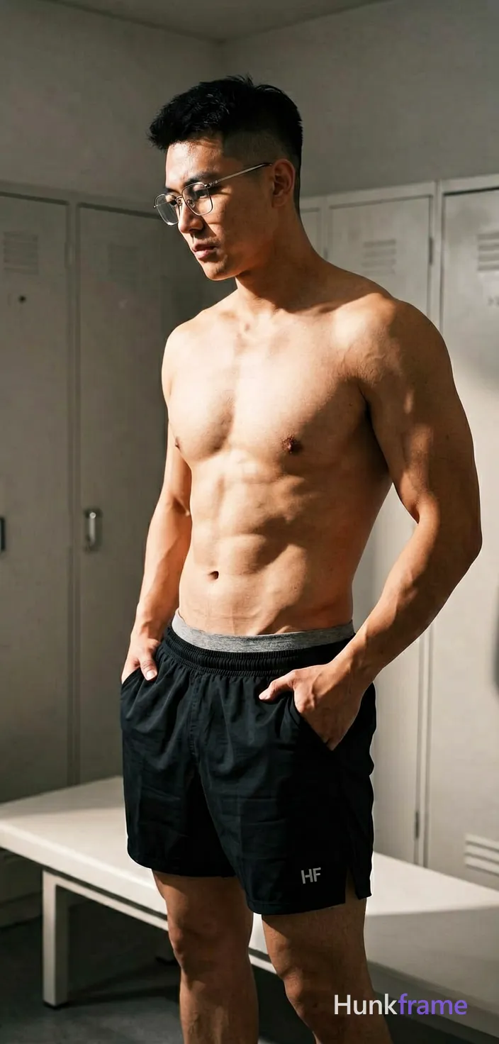 Asian man with short dark black hair high fade, thin metal frame rectangular glasses worn on face, clean-shaven; Standing profile facing left pulling up black athletic shorts waistband mid-thigh right side shirtless bare chest six-pack abs thick thighs visible gray inner waistband above outer fabric indoor locker room white bench dramatic directional lighting highlighting musculature high contrast shadows candid lifestyle scene vertical social-feed look trendy vibe fine-art photography style The adult man visibly wears thin metal frame glasses worn on the face; clear lenses with no tint; rectangular to slightly rounded shape on his face; preserve the exact frame shape, rim style, color, material, and lens tint; FULL GARMENT TEXT REPLACEMENT: remove every source garment word, sentence, slogan, logo, and partial brand spelling from every existing print area, then replace those source marks with only the wordmark, spelled exactly "HF"; This is replacement, Repeated "HF" marks are allowed only where the source garment already had printed text; preserve appropriate placement, typography, color, and scale; No other; single clean uninterrupted photograph with a cohesive editorial composition and plain continuous surrounding surfaces