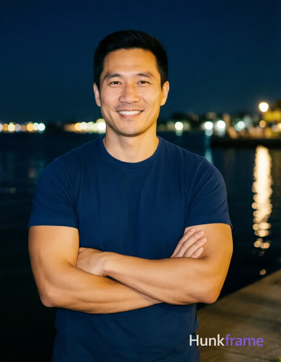 Asian man with short black hair and clean-shaven face stands confidently at a nighttime waterfront, arms crossed over chest in solid navy blue crew-neck t-shirt; Soft frontal fill light illuminates his broad shoulders and defined biceps against dark sky with distant water lights reflecting behind him; Slightly soft focus on background creates natural night photography aesthetic; Vertical portrait crop from head to mid-thighs captures relaxed smiling expression; single clean uninterrupted photograph with a cohesive editorial composition and plain continuous surrounding surfaces