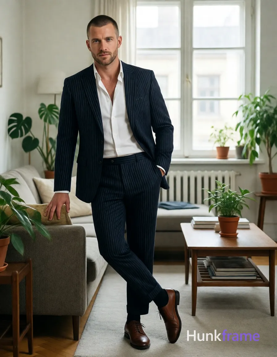 an anonymous figure man with short buzz cut and light stubble stands casually in a sunlit apartment living room, wearing an open dark navy pinstripe suit jacket over a white dress shirt with top two buttons undone to reveal collarbone; He wears matching trousers, black crew-neck socks pulled high, and brown leather oxford shoes; Leaning against a sofa near a coffee table with house plants nearby, natural window light creates soft highlights on skin; Full-body vertical portrait capturing candid lifestyle vibe, same aesthetic theme and photo feel as the reference but a different man in a different pose with distinct body proportions, Scandinavian man, very fair skin, ice blue eyes, Viking-broad shoulders lean waist; single clean uninterrupted photograph with a cohesive editorial composition and plain continuous surrounding surfaces