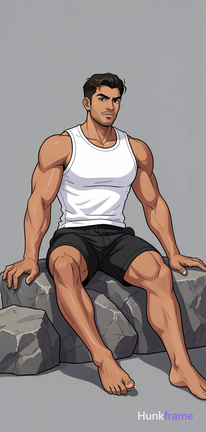 freshly generated candid Xiaohongshu lifestyle photo, brand new full-body composition with a different pose, camera angle and background, both hands relaxed, not a mirror selfie, not a copy of any reference image, white sleeveless tank top (fully covering torso), black athletic shorts ending mid-thigh, broad shoulders, defined pectorals, thick thighs, muscular calves, authentic social-feed lifestyle mood, reference lighting and color treatment: anime illustration style, soft studio lighting on plain gray background, clean lines and smooth shading with stylized muscular anatomy, same aesthetic theme and photo feel as the reference but a different man in a different pose with distinct body proportions, South Asian man, medium brown skin, thick brows, gymnast lean muscle, sitting on rocks legs extended, new candid angle, a single uninterrupted photograph only, no written words or typography anywhere in frame, no captions, no app UI, no social-media post layout, no screenshot borders