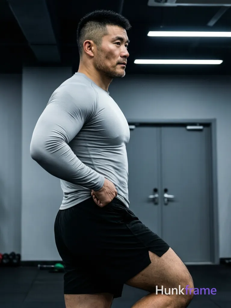 Photograph of exactly 1 adult man. Man 1: Asian, light-medium, square-jawed with defined cheekbones, short black buzz cut, textured top, clean sides and back, clean-shaven chin and upper lip, light stubble on jawline. Man 1 has fully exposed eyes, eyebrows, temples and nose bridge. Muscular man with broad shoulders, thick thighs stands in profile. Right arm bent near waistband while left leg steps slightly forward. Fitted light gray long-sleeve compression shirt over black athletic shorts. Vertical portrait framing the subject from head to mid-thighs center-left. Indoor gym space featuring gray walls, dark ceiling beams, double doors. Cool overhead fluorescent strips cast dramatic directional shadows on skin. Fine-art photography aesthetic with sculpted lighting emphasizing masculine form