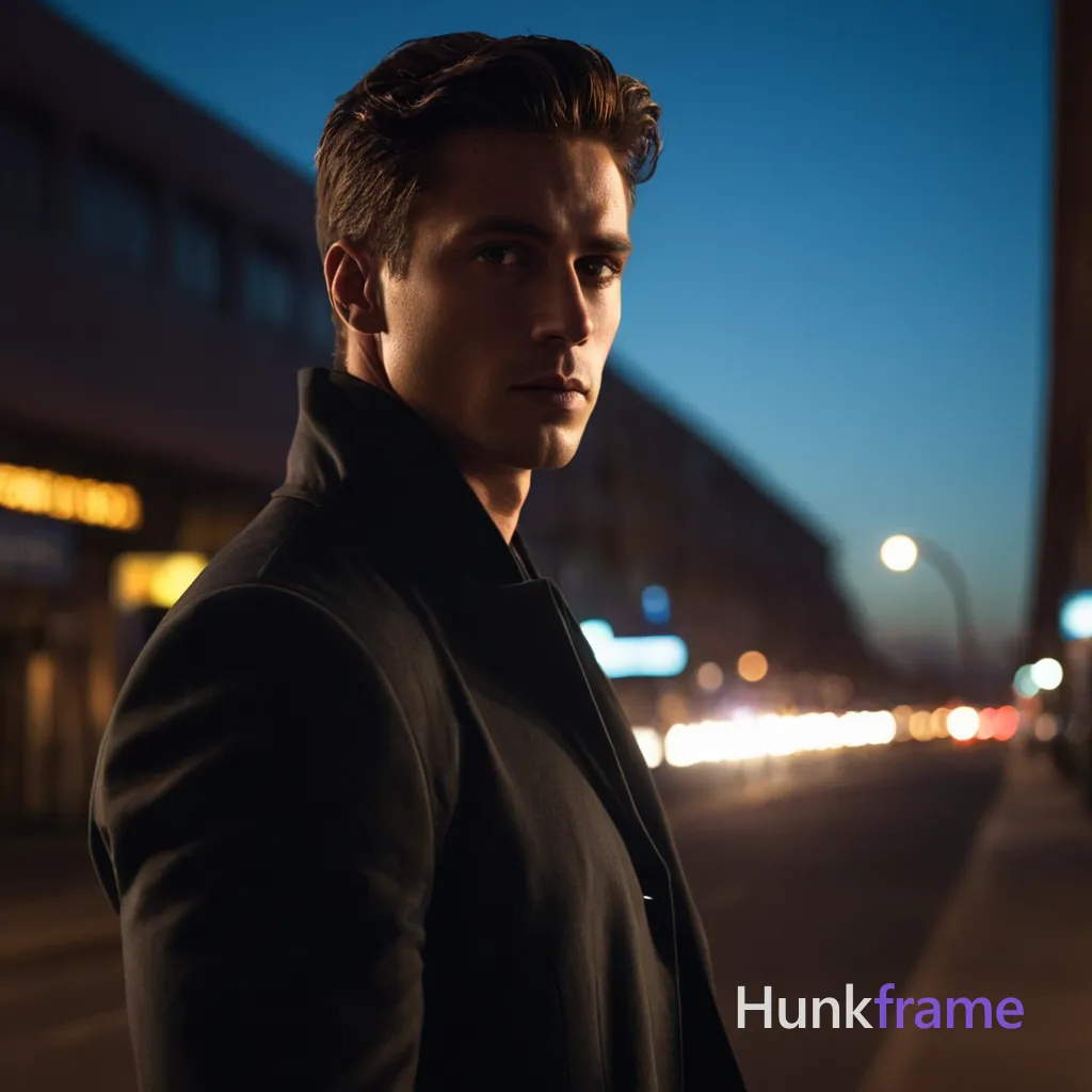 mysterious male silhouette, editorial portrait, moody lighting, dramatic shadows, sophisticated expression, lean physique, urban street style, high fashion photography, cinematic pose