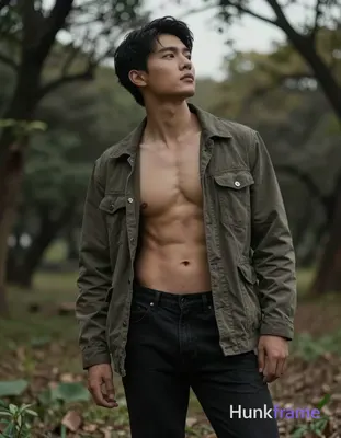 handsome Asian man standing with torso slightly leaned back and looking upwards, shirtless with bare