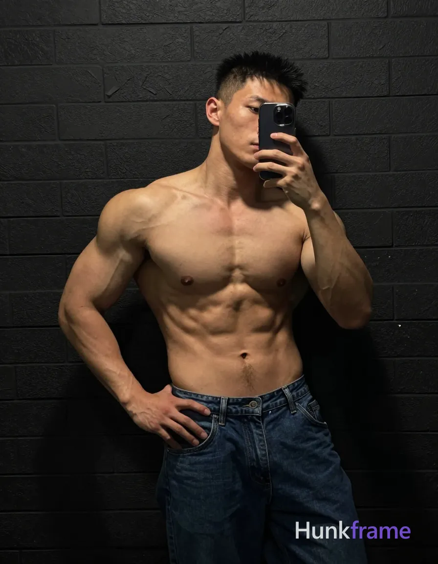 A muscular man with short hair leaning against a textured black wall in a vertical portrait orientation. He is shirtless, displaying well-defined abs and chest muscles, with thick thighs visible through dark blue jeans that are slightly unbuttoned to reveal his lower abdomen. His right hand rests on his hip while the left arm is bent at the elbow near his neck. The setting appears to be indoors, possibly in a gym or studio environment, with soft lighting highlighting his muscular physique and emphasizing natural skin texture and pores. The palette consists of muted tones, primarily dark grays and blacks from the background, contrasted by the subject’s tanned skin tone. The overall mood is masculine and sensuous, fitting well within a fine-art gallery aesthetic that emphasizes physical strength and beauty
