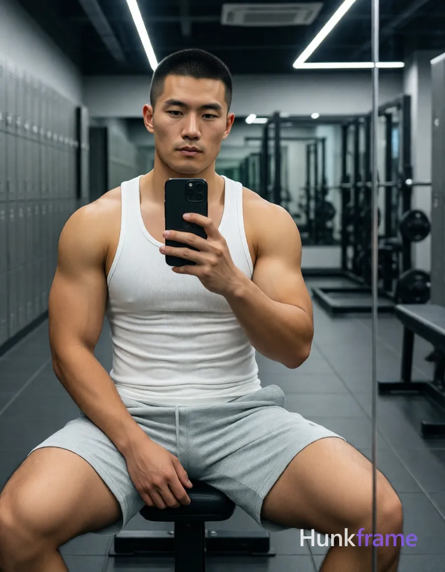 Photograph of exactly 1 adult man. Man 1: East Asian, light-medium, square-jawed with defined cheekbones and a straight jawline, short buzz cut, black hair, high density, clean-shaven scalp visible at the nape, clean-shaven. Man 1 has fully exposed eyes, eyebrows, temples and nose bridge. Broad shoulders, thick quads define the East Asian man's athletic build. He holds a black smartphone for a mirror selfie while seated with legs spread wide. Shirtless torso in white ribbed tank top paired with light gray heathered sweat shorts. Vertical portrait framing captures knees to head within locker room mirror reflection. Modern gym space features dark gray tiled floors, wall-mounted lockers lining walls. Overhead LED fixtures cast even illumination preserving natural skin texture details. High-resolution photo with shallow depth of field blurring distant weight rack equipment