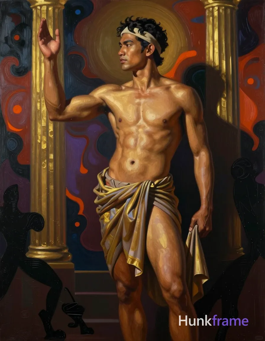 An athletic adult man with bronze-golden skin and short dark curly hair styled with a headband stands in contrapposto, left arm extended upward open-handed while right hand holds draped fabric at the hip. He is shirtless exposing bare chest, abdomen, shoulders, and thick thighs beneath a toga-style cloth around lower hips. His physique displays a sculpted torso with defined abs and broad shoulders set against an abstract background of vertical golden columns and swirling cosmic patterns in deep reds, burnt oranges, gold/bronze tones, dark blues, purples, and black silhouettes. Dramatic directional lighting from front-left casts strong shadows on the right side creating high-contrast chiaroscuro that emphasizes defined anatomy. Textured brushwork renders a stylized classical figure in painterly style within a vertical portrait composition., same aesthetic theme and photo feel as the reference but a different man in a different pose with distinct body proportions, Thai man, smooth tan skin, gentle eyes, slim toned Muay Thai physique, a single uninterrupted photograph only, no written words or typography anywhere in frame, no captions, no app UI, no social-media post layout, no screenshot borders