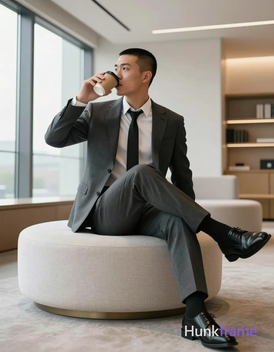 Asian man with short buzz cut and clean-shaven face in profile, seated sideways on a light-colored upholstered ottoman; He wears a dark grey single-breasted suit jacket over an unbuttoned white dress shirt exposing the upper chest and collarbone, paired with loose black tie and slim-fit trousers; Left leg bent with foot on cushion, right leg extended forward holding a beige disposable coffee cup mid-drink; Full-body low angle shot in a modern interior lounge with large windows and built-in shelving; Soft ambient lighting from overhead fixtures mixed with natural daylight entering the left window; Clean lines, minimalist decor, professional fashion photography style; single clean uninterrupted photograph with a cohesive editorial composition and plain continuous surrounding surfaces