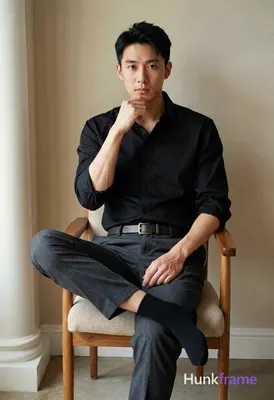 A handsome adult man with short black hair and clean-shaven face sits centered in a vertical portrai