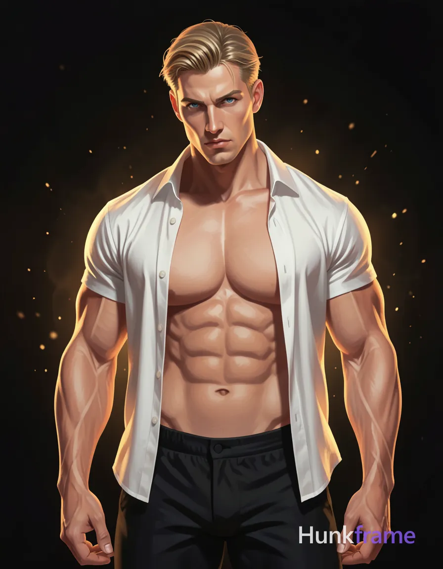 digital painting of a man standing with his head slightly tilted forward, shirtless except for a white open-collared shirt that reveals his bare chest and shoulders. The composition focuses on the upper torso and face cropped above the shoulders within a 1:1 aspect ratio square frame. His physique includes defined abs, vascular arms, and thick muscular thighs. Set against a dark background with glowing elements, warm lighting creates an intimate and romantic mood. The subject has blonde hair styled back, blue eyes, no facial hair, and a serious expression
