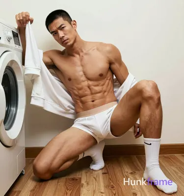 Asian man with medium-tan warm skin and short black buzz cut; Shirtless highly muscular build kneeli
