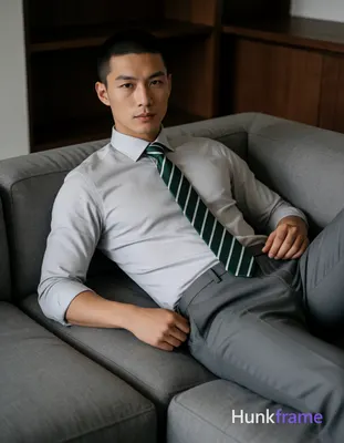 Asian man with short buzz cut and clean-shaven face reclining on a gray sectional sofa, torso angled