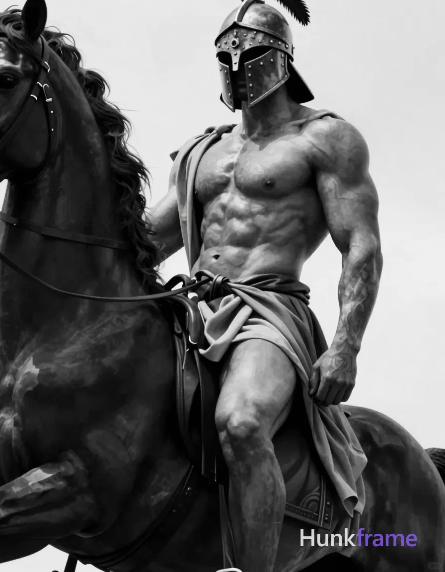 Adult masculine man with light-medium skin and sculpted torso, shirtless bare chest showing defined musculature. He wears a plumed helmet obscuring the face and flowing draped cloth around upper arms while seated atop a rearing horse. Left leg bent with foot near thigh, right leg extended downward along the flank displaying thick thighs in high-contrast black-and-white tattoo illustration style on skin. Close-up crop centered on the limb area against a plain light-colored background. Soft directional lighting highlights muscle definition and shading within strong chiaroscuro tones. Dramatic mythological mood., a single uninterrupted photograph only, no written words or typography anywhere in frame, no captions, no app UI, no social-media post layout, no screenshot borders