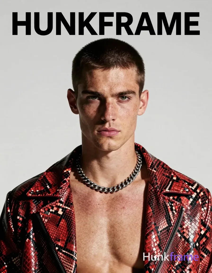 A handsome white man with fair freckled skin and short dark cropped hair stands head-and-shoulders centered, shirtless with a bare chest and neck. He wears an open red-brown snakeskin-patterned jacket revealing silver metallic chains around his neck against a plain studio setting. Dramatic directional lighting from front-left sculpts his lean build and defined jawline in high-fashion editorial photography style. The head fills the upper two-thirds of this vertical portrait, capturing intense masculine mood with direct gaze. Include exactly one visible wordmark, spelled exactly "HUNKFRAME", in the same compositional text position; preserve its appropriate typography and scale. No other visible text, logo, caption, username, hashtag, comment, watermark, or UI chrome., a single uninterrupted photograph only, no written words or typography anywhere in frame, no captions, no app UI, no social-media post layout, no screenshot borders