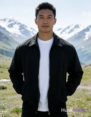 Asian man with light-medium skin and short spiky dark hair stands upright facing