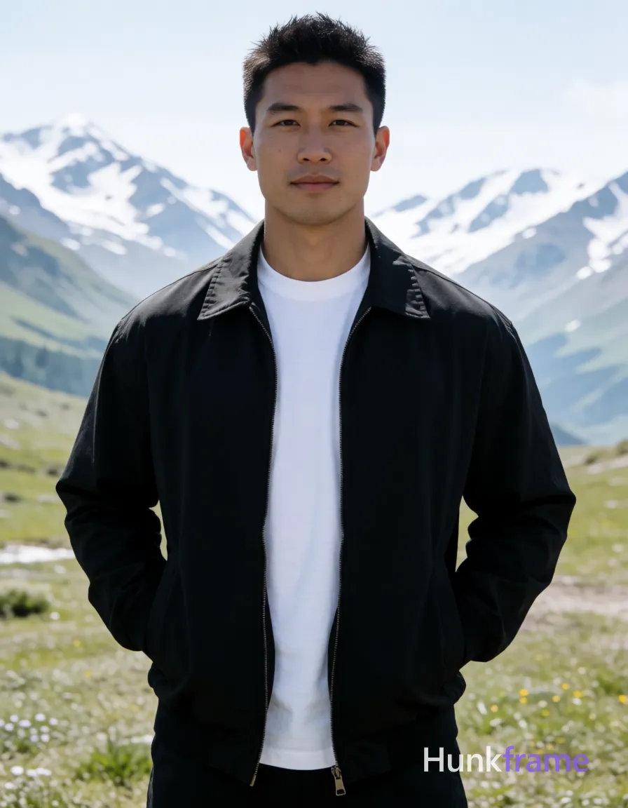 Asian man with light-medium skin and short spiky dark hair stands upright facing camera, hands in pockets of unzipped black zip-up jacket revealing white crew-neck t-shirt; Athletic build with broad shoulders visible against expansive alpine meadow backdrop featuring snow-capped mountains under bright daylight; Waist-to-head crop centered on confident masculine figure; Natural sunlight illuminates serene expression and cool-toned palette; single clean uninterrupted photograph with a cohesive editorial composition and plain continuous surrounding surfaces
