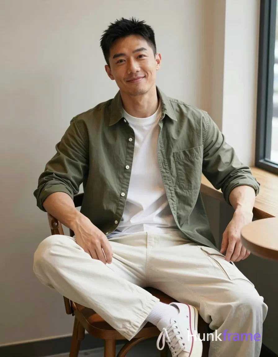 Asian man seated on wooden chair in indoor cafe, captured with tasteful suggestive framing; He wears an olive green button-down shirt worn open at the collar revealing a white crew-neck t-shirt underneath, sleeves rolled to mid-forearm showing defined biceps and triceps; Off-white loose-fitting cargo pants reveal thick thighs partially obscured by fabric; white low-top sneakers visible at bottom frame; Relaxed confident smile with slight head tilt left, clean-shaven face with minimal stubble along jawline; Natural daylight streams from right window creating soft shadows on the left side of his body; single clean uninterrupted photograph with a cohesive editorial composition and plain continuous surrounding surfaces