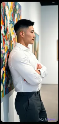 Asian man with short black fade hair and clean-shaven face, standing in three-qu