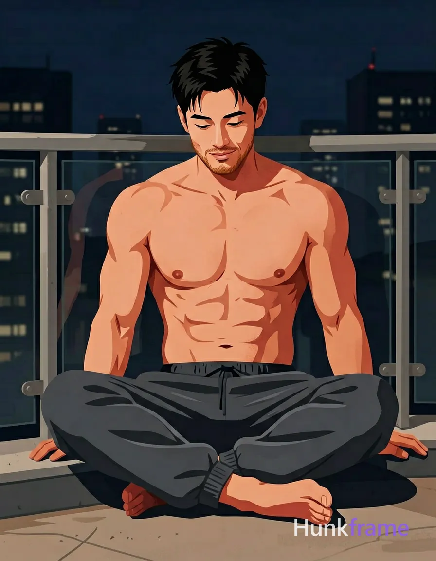 Bold flat-color wall art graphic of an Asian man with tanned skin and short black textured hair seated cross-legged on a balcony ledge; Shirtless torso features broad shoulders, defined pectorals, visible abdominal definition, thick thighs in loose dark gray sweatpants; Soft contemplative smile with head tilted downward against night city skyline background through glass railing; High-contrast color blocking, clean vector line aesthetic, dramatic contrast between subject and deep shadows, same aesthetic theme and photo feel as the reference but a different man in a different pose with distinct body proportions, Irish man, pale with red undertone skin, copper stubble, lean rugby build; securely fitted underwear or swim trunks with complete frontal coverage; single clean uninterrupted photograph with a cohesive editorial composition and plain continuous surrounding surfaces