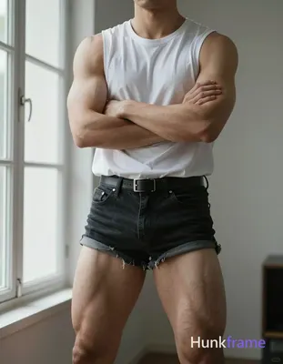 A photorealistic portrait of a handsome masculine man with a compact athletic bu