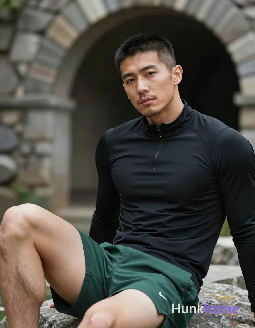 Striking full-bleed vertical phone wallpaper of Asian man with medium-tan skin and short dark buzz cut, light stubble. Seated on rock surface outdoors, torso angled toward camera, left arm resting along thigh, right leg bent knee up showing thick left thigh while left leg obscured by frame edge. Wearing black long-sleeve athletic top with partial front zipper white Nike swoosh and dark green shorts. Natural daylight soft directional light from upper right illuminating broad shoulders defined chest against stone archway background. Clean negative space screen-safe composition shallow depth of field portrait occupying left two-thirds head near vertical centerline., same aesthetic theme and photo feel as the reference but a different man in a different pose with distinct body proportions, Japanese man, soft masculine features, straight black hair, slim dancer build, a single uninterrupted photograph only, no written words or typography anywhere in frame, no captions, no app UI, no social-media post layout, no screenshot borders