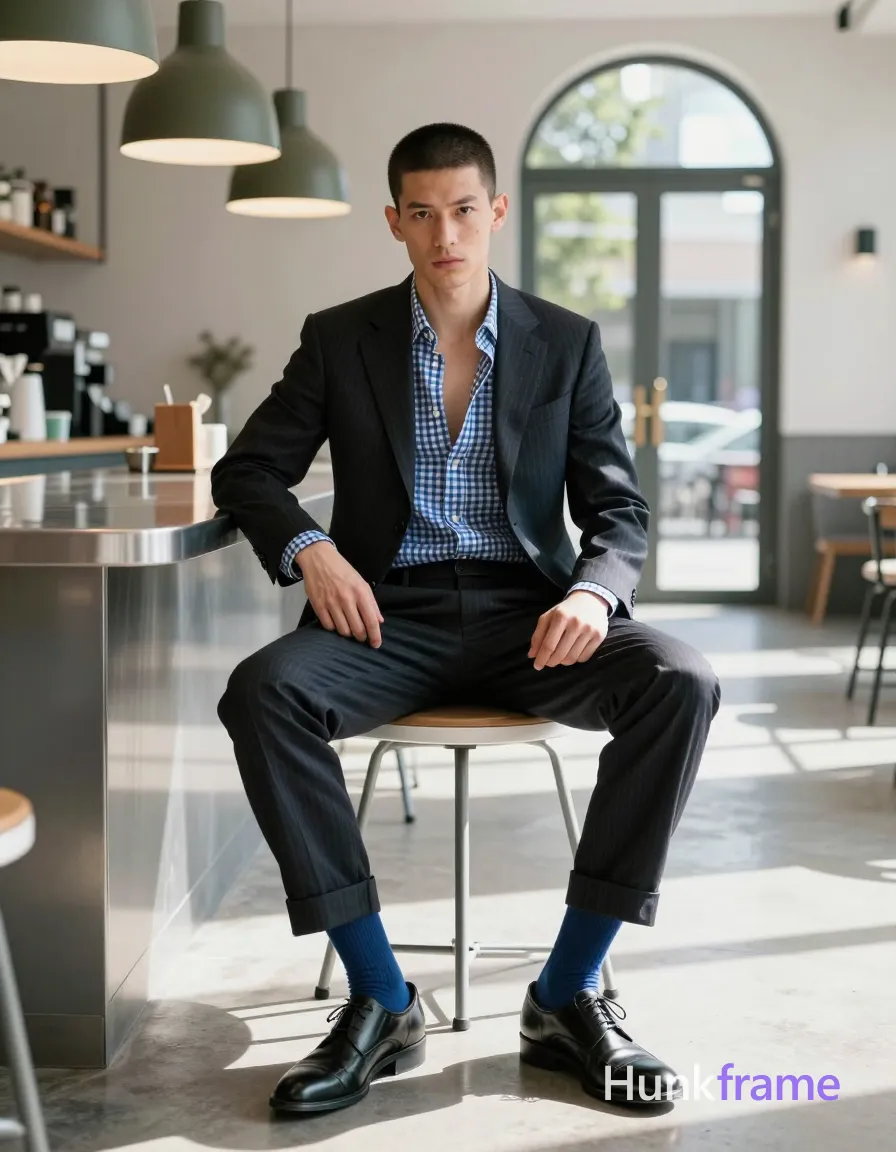 an anonymous figure man seated upright on white stool in modern coffee shop, slim build with short black buzz cut and clean-shaven face wearing dark pinstripe suit jacket over blue-and-white gingham shirt top buttons undone revealing upper chest; Hands resting on thighs and lap, feet flat on floor showing solid blue crew-neck socks above black leather cap-toe shoes; Background features stainless steel counter, hanging olive-green fabric shades, arched glass doorway to patio; High-key natural daylight streaming through arch creating soft shadows, shallow depth of field sharp focus on subject; Clean lines minimalist interior design vertical portrait composition 13:19 aspect ratio fine-art photography athletic gym photography defined anatomy confident strength dramatic directional light premium masculine styling homoerotic undertone through composed elegance exposed upper chest detail thick-thigh leg structure emphasized by cuffed trousers; single clean uninterrupted photograph with a cohesive editorial composition and plain continuous surrounding surfaces