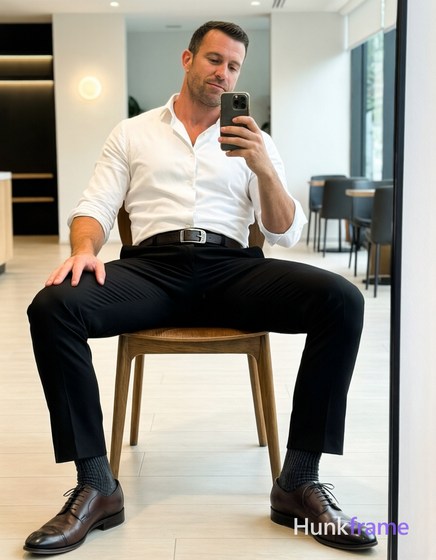 Full-body mirror selfie of an adult man with light-medium skin and short dark hair, seated on a wood