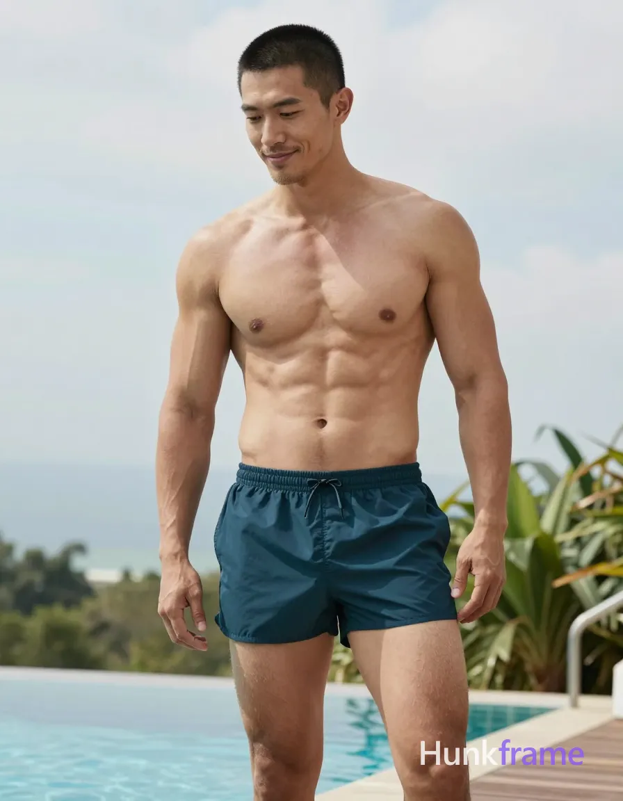 Asian adult man with short black buzz cut and clean-shaven face, smiling gently while looking downward to the side; Shirtless standing upright beside a swimming pool on wooden deck, wearing dark teal swim trunks with elastic waistband; Broad shoulders, defined pectorals, visible abdominal muscles, thick thighs in full-body framing from mid-thigh up; Vertical portrait orientation 13:19 aspect ratio; Bright natural daylight under partly cloudy sky with blue water background and green foliage; Fine-art photography premium fashion editorial aesthetic sculpted masculine form emphasis confident posture tasteful suggestive lighting soft shadows diffused sun, same aesthetic theme and photo feel as the reference but a different man in a different pose with distinct body proportions, Slavic man, pale skin, ash blond stubble, tall athletic frame; single clean uninterrupted photograph with a cohesive editorial composition and plain continuous surrounding surfaces