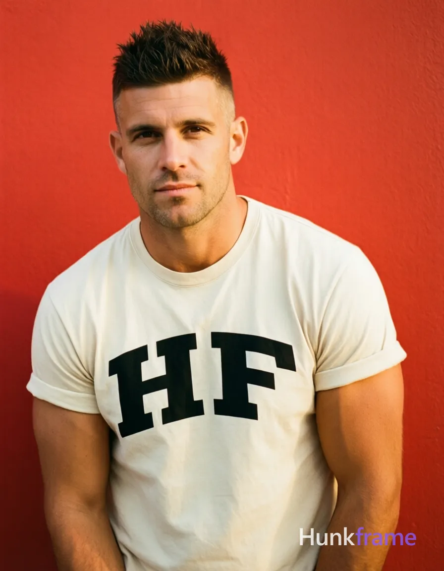 an anonymous figure man with short spiky dark brown hair fading to a tight buzz, clean-shaven face and neutral composed expression. He wears an off-white crew-neck t-shirt with black arched text reading 'HF' across the chest, sleeves rolled to mid-bicep, standing upright facing camera with slight forward lean against a solid bright red wall. Warm lighting emphasizes his broad shoulders and defined biceps in this waist-up portrait. Clean composition with natural skin tones and minimal retouching captures rugged warm confidence. FULL GARMENT TEXT REPLACEMENT: remove every source garment word, sentence, slogan, logo, and partial brand spelling from every existing print area, then replace those source marks with only the wordmark, spelled exactly "HF". This is replacement, never addition: no original source letters may remain beside or behind it. Repeated "HF" marks are allowed only where the source garment already had printed text; preserve appropriate placement, typography, color, and scale. No other visible text, logo, caption, username, hashtag, comment, watermark, or UI chrome., same aesthetic theme and photo feel as the reference but a different man in a different pose with distinct body proportions, Moroccan man, deep tan, dark curls, defined abs natural not exaggerated, a single uninterrupted photograph only, no written words or typography anywhere in frame, no captions, no app UI, no social-media post layout, no screenshot borders