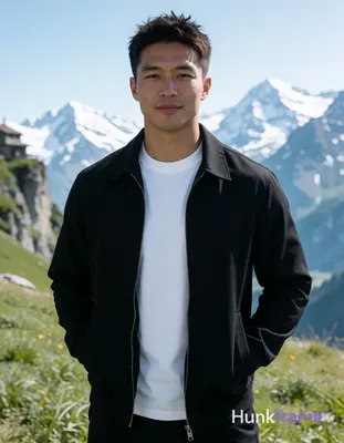 Asian man with short dark brown spiky hair and clean-shaven face, neutral slight smile standing upri