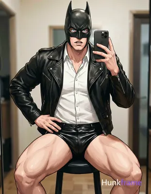 Polished anime style rendering of an adult man with thick thighs and broad shoulders seated on a bla