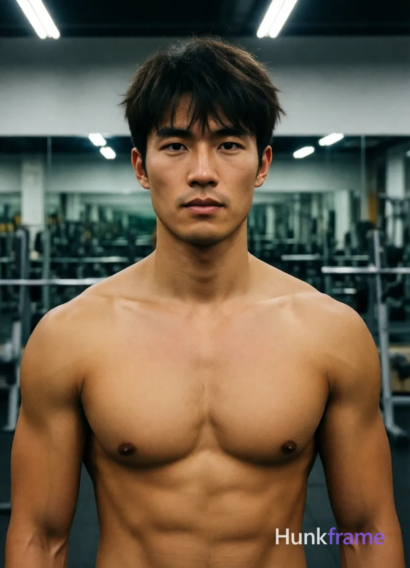 Flat-color graphic poster of exactly 1 adult man. Man 1: Asian, light to medium tan, oval with a defined jawline and chin, short, dark brown/black hair, slightly tousled on top with bangs falling over the forehead, straight texture, small mole on left pectoral area. Man 1 has fully exposed eyes, eyebrows, temples and nose bridge. Athletic Asian man with defined pectorals, broad shoulders. Standing upright shirtless in an indoor gym with mirrored walls. Shirtless adult displaying bare chest, abdomen, and arms up to biceps. Vertical portrait close-up from chest up centered on the torso. Indoor gym environment featuring weight racks under fluorescent lights. Overhead artificial lighting casting soft shadows on skin tones