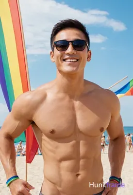 A handsome masculine man standing with head slightly tilted forward and smiling 