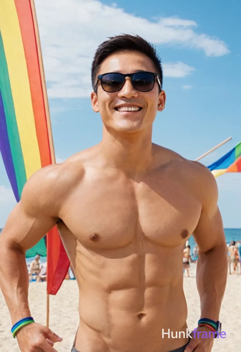 A handsome masculine man standing with head slightly tilted forward and smiling at the camera, shirtless with defined abs and compact athletic build. He is wearing sunglasses in a torso-only crop, against a backdrop of vibrant rainbow flags on a clear blue sky day. The lighting is bright outdoor sunlight, creating natural shadows on his warm-toned skin. The scene has an artistic partial nude feel with a festive and celebratory mood
