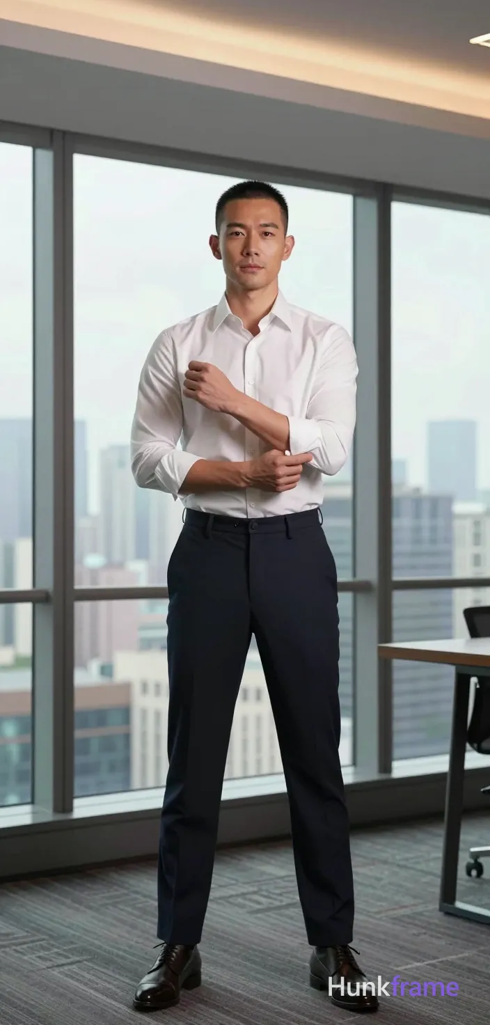 standing while smoothing the shirt cuffs; facing the camera; confident neutral expression; full-body portrait, eye level; standing while smoothing the shirt cuffs; facing the camera; confident neutral expression; full-body portrait, eye level. standing while smoothing the shirt cuffs; facing the camera; confident neutral expression; full-body portrait, eye level. same clearly adult male subject; preserve the exact visible face, hairstyle, skin tone, apparent adult age, body proportions, and distinctive marks from the reference; do not add people. 1 adult male subject in the same session. light to medium, short black buzz cut, clean-shaven, lean build, defined shoulders, white button-down shirt sleeves rolled to elbows, dark navy dress trousers. same setting: office interior with large windows overlooking city skyline. same lighting: high contrast window light from floor-to-ceiling windows, soft interior ambient glow. same palette: white, navy blue, black, red accent. same mood and image character: premium fashion-editorial, clean composition, single uninterrupted photograph, no written words or typography anywhere in frame. same medium and visual style: photo, Premium fashion-editorial framing with clean composition and vertical portrait aspect ratio. Wearing white button-down shirt sleeves rolled to elbows and dark navy dress trousers. Fully clothed lean build with defined shoulders. High contrast window light from floor-to-ceiling windows overlooking city skyline, soft interior ambient glow. Premium fashion-editorial framing, clean composition, vertical portrait 13:19 aspect ratio., a single uninterrupted photograph only, no written words or typography anywhere in frame, no captions, no app UI, no social-media post layout, no screenshot borders. standing while smoothing the shirt cuffs; facing the camera; confident neutral expression; full-body portrait, eye level; standing while smoothing the shirt cuffs; facing the camera; confident neutral expression; full-body portrait, eye level., a single uninterrupted photograph only, no written words or typography anywhere in frame, no captions, no app UI, no social-media post layout, no screenshot borders