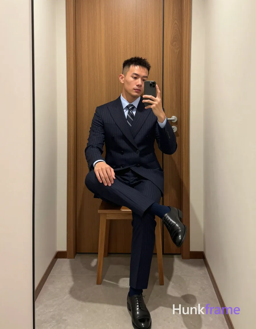 Asian man with light-medium skin and short textured dark crop hair, clean-shaven face taking a mirror selfie; He sits on a low wooden stool in a narrow hallway, right leg crossed over left knee up while holding a smartphone to review the shot; Wearing a navy pinstripe double-breasted suit jacket with peak lapels, slim-fit trousers, light blue collared shirt, dark striped tie, black leather lace-up oxford shoes, and navy wool socks; Full-body portrait centered in mirror reflection against a wooden door with vertical grain pattern framed by cream walls; Soft ambient indoor lighting creates even illumination on the polished minimalist elegance of his tailored attire, same aesthetic theme and photo feel as the reference but a different man in a different pose with distinct body proportions, Thai man, smooth tan skin, gentle eyes, slim toned Muay Thai physique; single clean uninterrupted photograph with a cohesive editorial composition and plain continuous surrounding surfaces