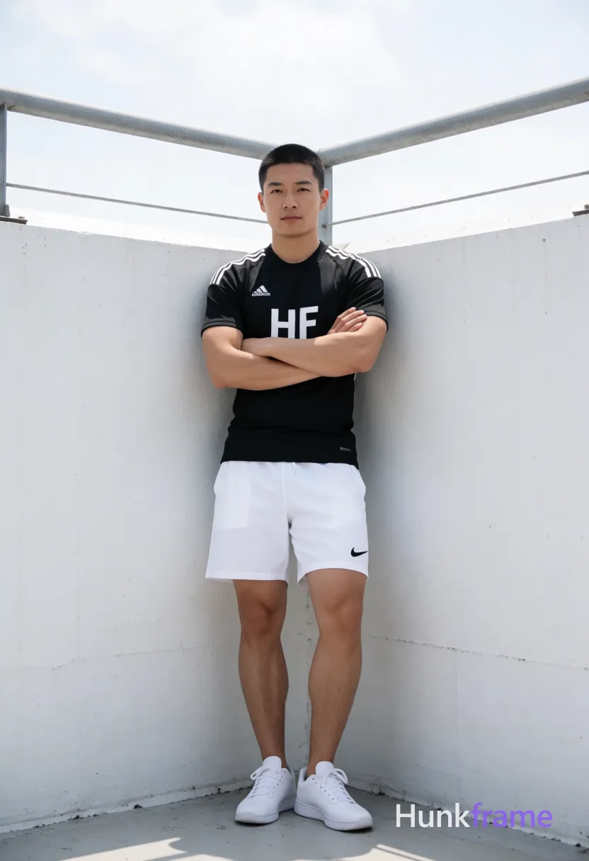 Asian man with short black buzz cut and clean-shaven face, standing leaning against a white concrete corner wall in an outdoor rooftop setting; He wears a fitted black an anonymous figure home jersey with white Adidas stripes on shoulders and 'HF' sponsor text across chest, paired with white athletic shorts featuring a small black Nike swoosh on the lower left leg; Arms crossed tightly over his broad shoulders; weight shifted slightly to left leg while right foot is flat and left foot angled outward; Full-body shot from head to feet with slight upward angle, centered vertically occupying middle third of frame horizontally; Bright natural daylight creates soft shadows against diffused sunlight, highlighting thick muscular legs with defined quadriceps and hamstrings under the jersey; Minimalist background with high contrast between dark fabric and white surroundings, metallic gray railing overhead against bright sky; Clean composition emphasizing sculpted masculine physique in athletic gym photography; FULL GARMENT TEXT REPLACEMENT: remove every source garment word, sentence, slogan, logo, and partial brand; single clean uninterrupted photograph with a cohesive editorial composition and plain continuous surrounding surfaces
