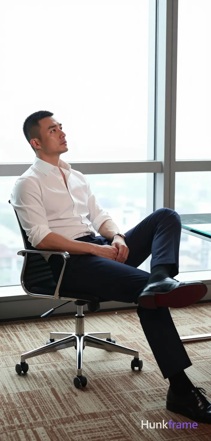 an anonymous figure man in his 30s with a short black buzz cut and clean-shaven face, gazing upward left. Seated relaxed on a chrome office chair base, leaning back slightly with hands clasped over lap. Wearing a white button-down shirt sleeves rolled to elbows revealing lean shoulders, dark navy dress trousers fully covering torso. Right leg extended onto glass desk surface showing red shoe sole accent, left foot planted on brown patterned carpet. High contrast window light from floor-to-ceiling windows illuminating the scene with soft interior ambient glow. Vertical portrait composition 13:19, center-left framing extending legs to right foreground. Mood of relaxed confidence and premium fashion editorial aesthetic., a single uninterrupted photograph only, no written words or typography anywhere in frame, no captions, no app UI, no social-media post layout, no screenshot borders