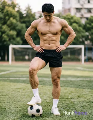 Photorealistic photograph of a shirtless man standing on a soccer field with one