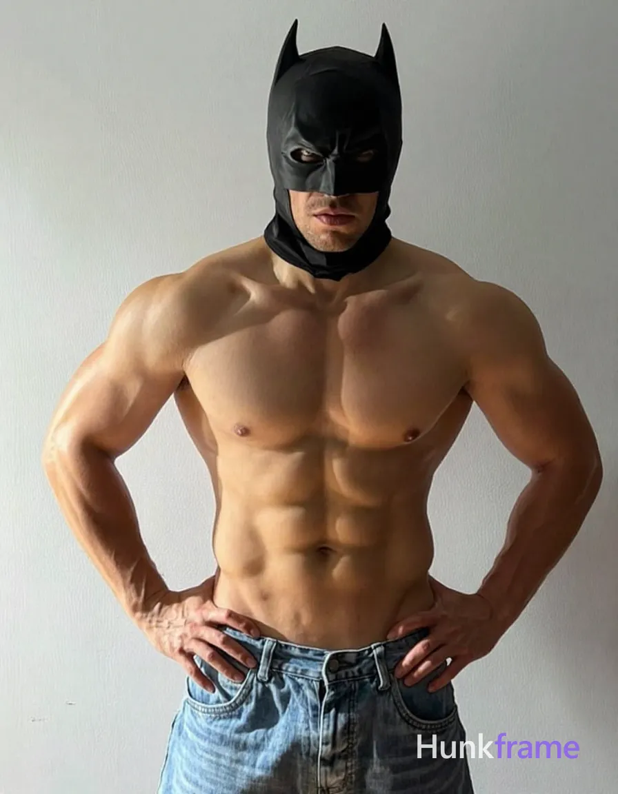 Adult man with light medium tan skin and light stubble on chin, wearing black Batman-style cowl mask covering head and eyes; Standing waist-up portrait centered against plain light gray wall background, hands firmly planted on hips while torso angles slightly forward in a serious focused gaze pose; Shirtless adult male displaying highly muscular build defined pectorals abs broad shoulders thick arms clad only in light blue denim jeans; High contrast studio lighting from front-left casting sculpted shadows emphasizing physique details, shot on iPhone 15 Pro main camera, authentic smartphone computational photography, natural Smart HDR and true-to-life skin texture, vertical 9:16 Xiaohongshu lifestyle feed, bright clean everyday scene, unretouched phone photo with subtle sensor grain, trendy Chinese internet 网红 aesthetic, candid influencer energy; single clean uninterrupted photograph with a cohesive editorial composition and plain continuous surrounding surfaces