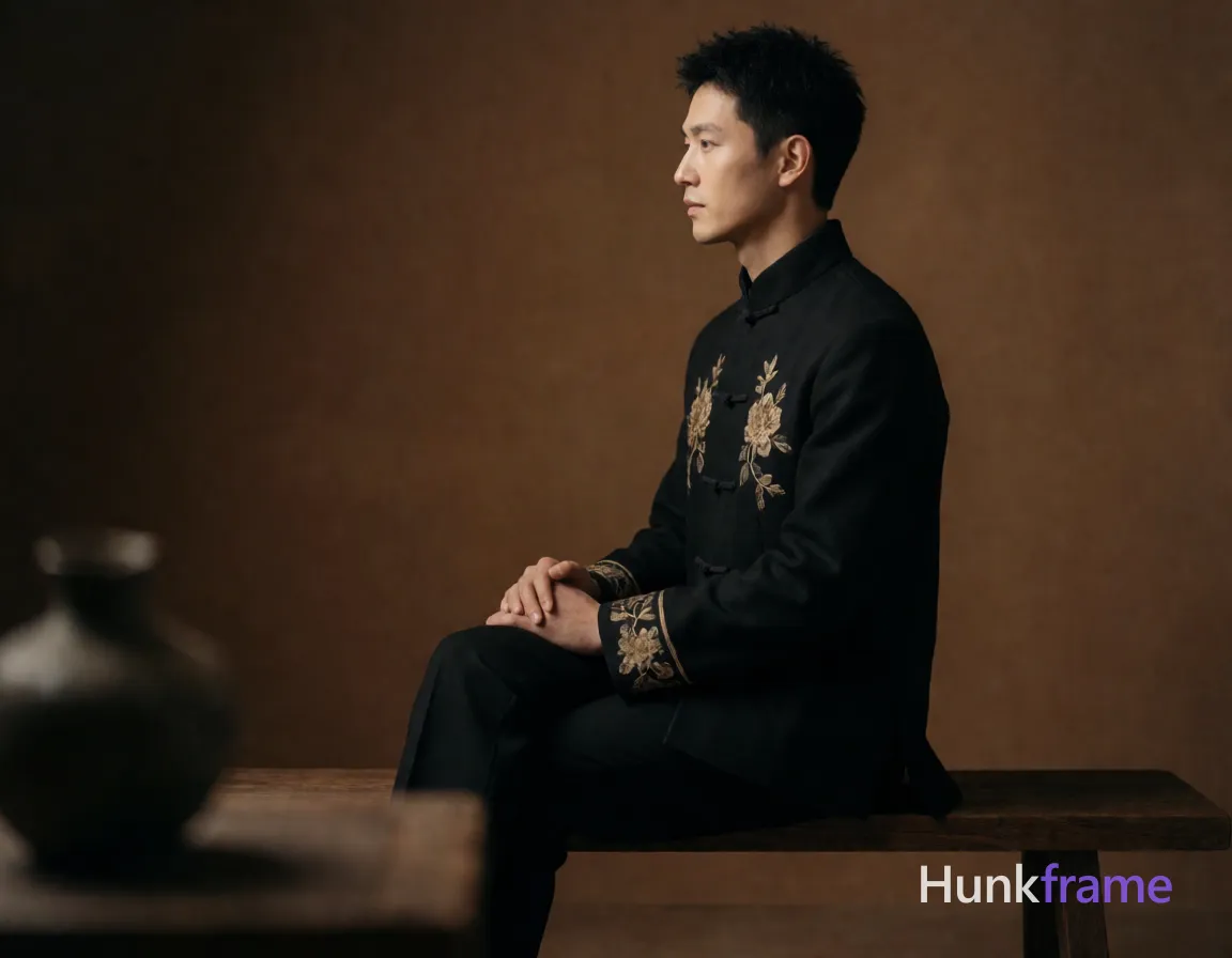 an anonymous figure man with short textured black hair and clean-shaven face, fully clothed in a black high-collared jacket featuring traditional Chinese frog buttons and gold floral embroidery on chest and sleeve cuffs; Seated profile facing left on a wooden bench against a warm brown backdrop, hands clasped gently over lap while right leg bends at knee and left extends forward along the edge; Soft directional key light from front-left sculpts his slim build with dramatic shadows; blurred foreground object occupies lower-left corner; Fine-art photography aesthetic with tasteful suggestive framing, homoerotic atmosphere, serene elegant mood; single clean uninterrupted photograph with a cohesive editorial composition and plain continuous surrounding surfaces